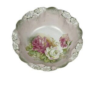 RS Prussia Vintage Antique Decorative Bowl Pink Roses Scalloped Edge 9-1/4"